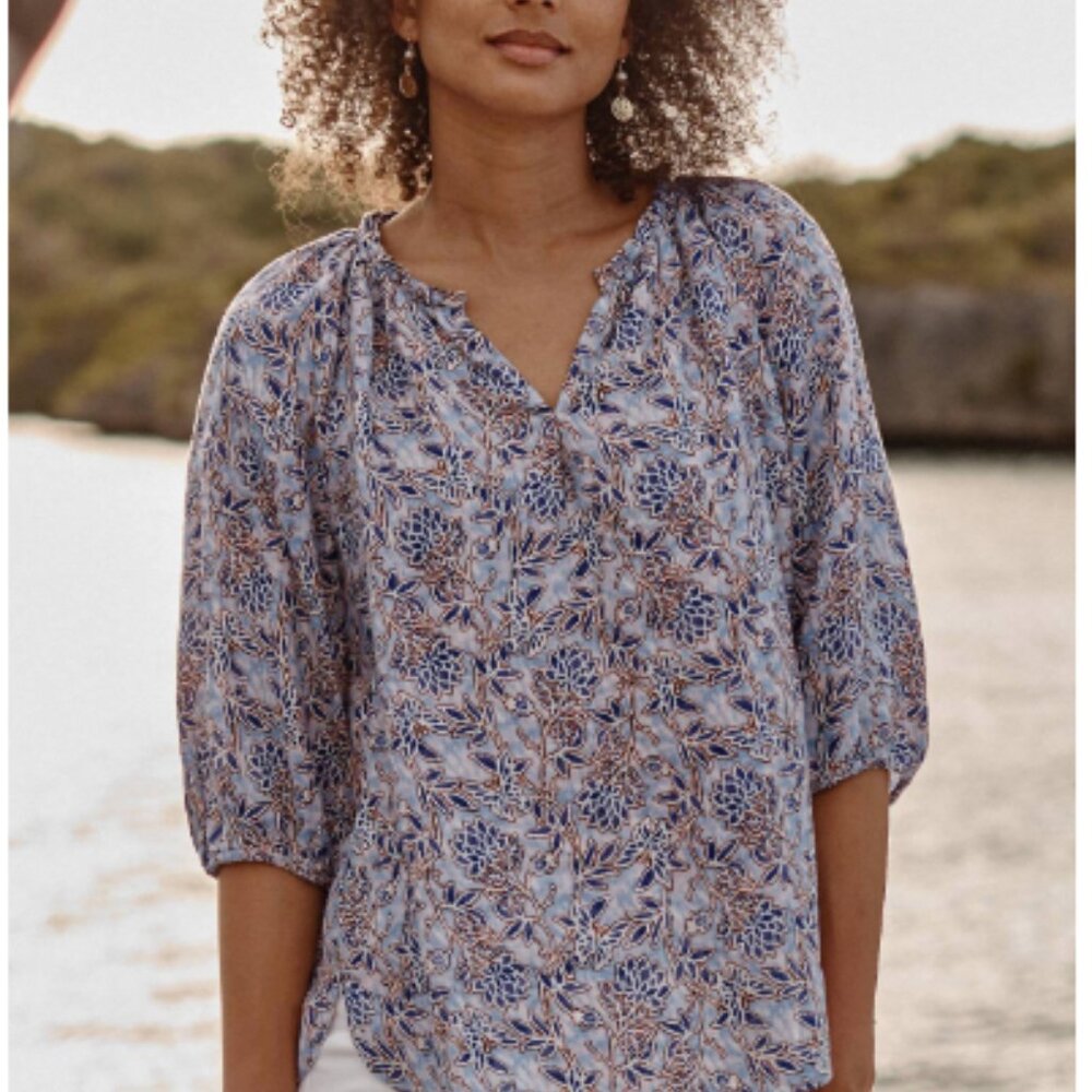 J Jill Linen Peasant Top Royal Purple Lotus Vines 100% linen